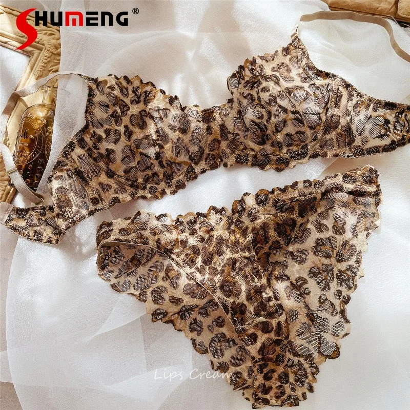 

Push Up Lingerie Suit for Dates Women French Leopard Print Ultra Sexy Brief Sets Female Lace Transparent Mesh Bra Outfits