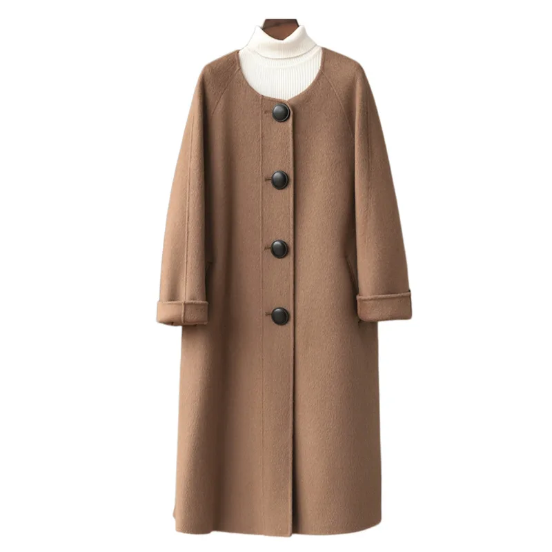 

Spring New Product Camel Velvet Mulberry Silk Blended Double Sided Woolen Coat 2025 Long Round Neck Woolen Jacket