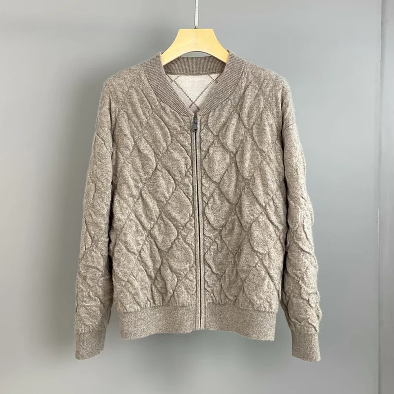 แจ็คเก็ตแคชเมียร์แขนยาวอเนกประสงค์ของผู้หญิง, แจ็คเก็ตซิปรูปเพชร, เสื้อสเวตเตอร์แคชเมียร์ 100% คุณภาพสูง, ฤดูใบไม้ร่วง, ใหม่