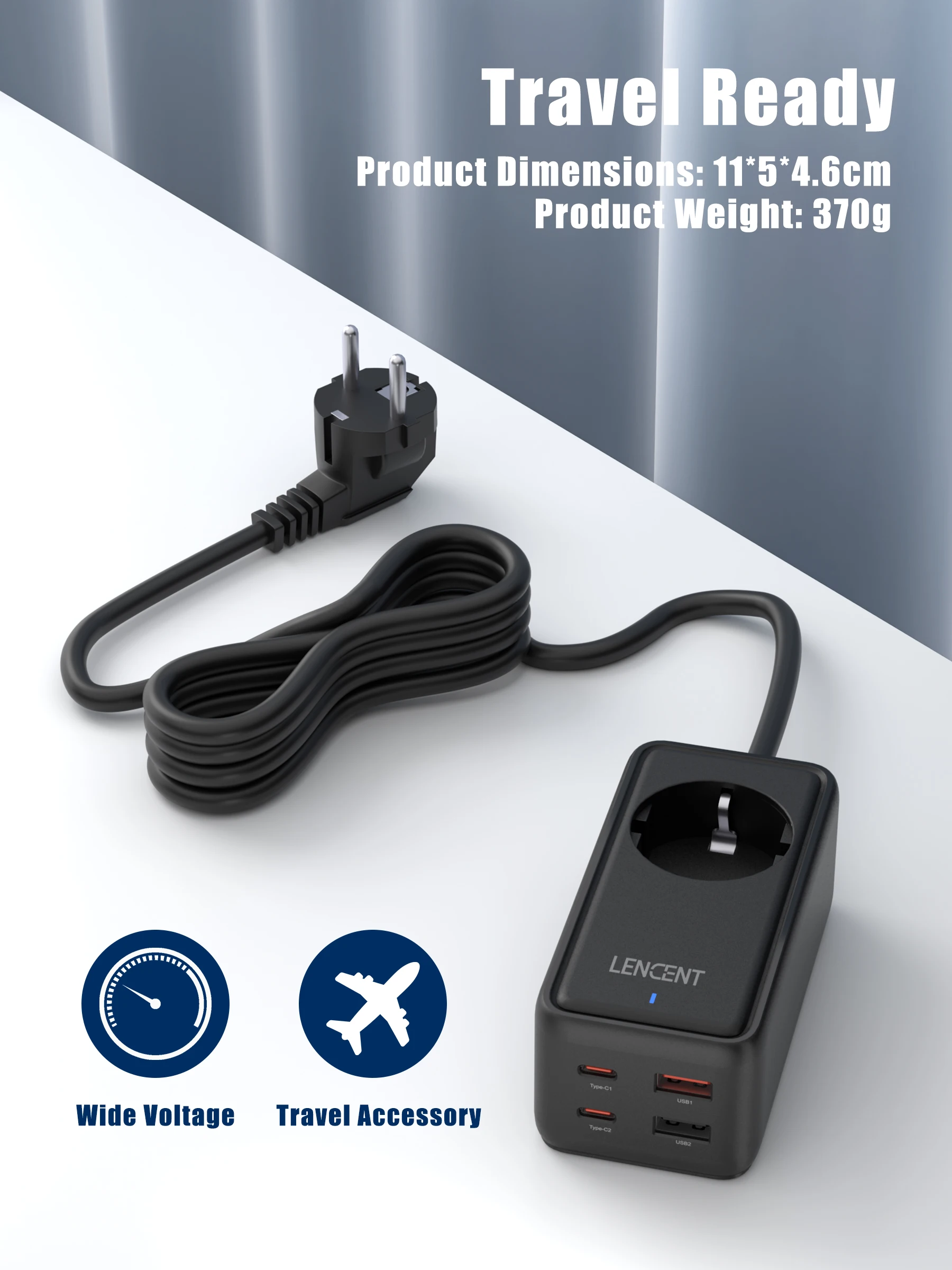 LENCENT 65W GaN3 Desktop Fast Charger Power Strip with 1AC 2 USB 2 Type C 1.5M Cable 5 in 1 Charger For iPhone Xiaomi Samsung
