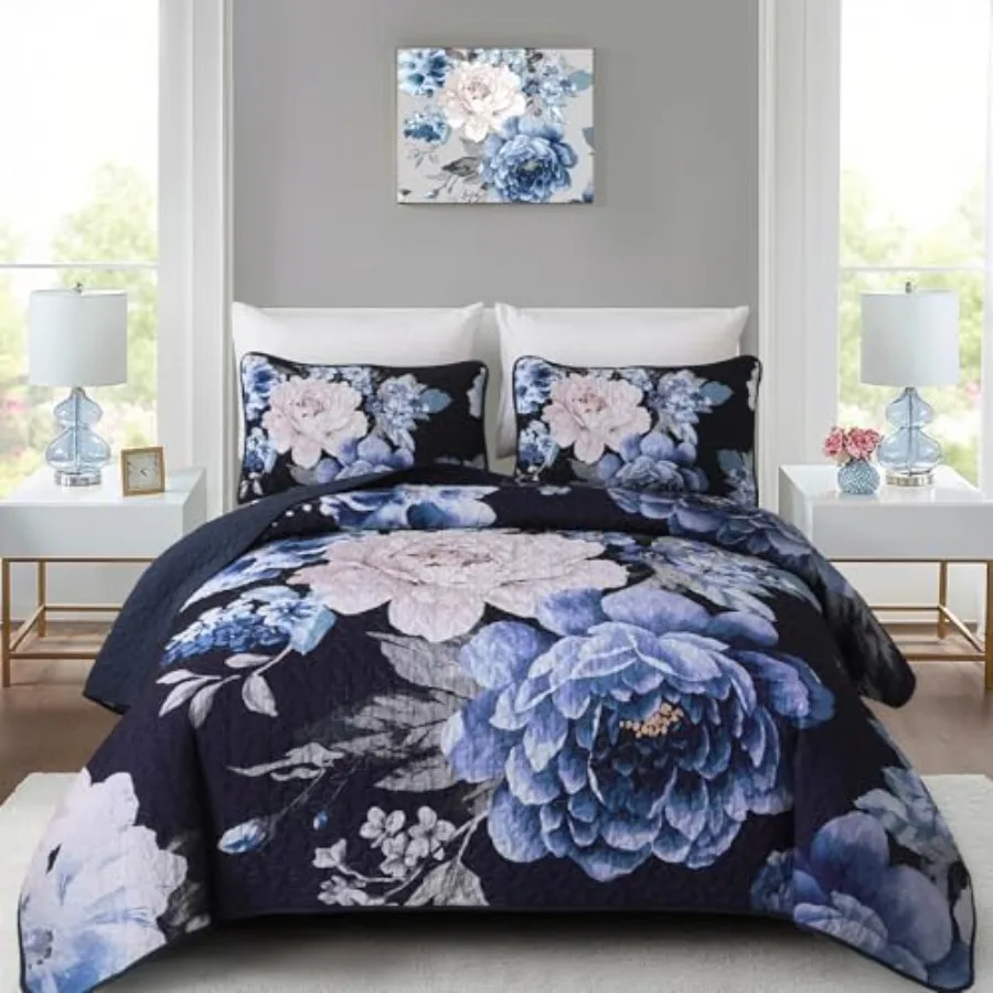 

Navy Boho Floral Quilt Set Queen Elegant Blue Flower Bedspread Coverlet Set for All Season 3 Pieces Farmhouse Lightweight Rever