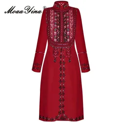 MoaaYina Vintage Embroidery Design Women's Coat Stand Collar Long Sleeved Single-Breasted Autumn and Winter Overcoat