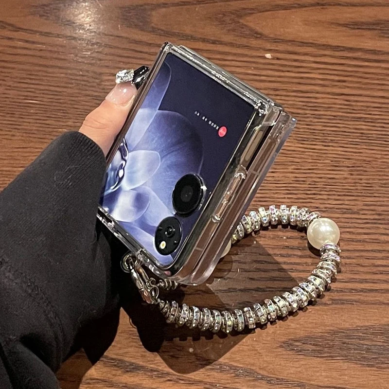 Mixflip Case Clear Hard Phone Case For Xiaomi Mix Flip/Mix Flip 2 Cases with Silver Glitter Inner Sheet & Mirror Stand & Chain