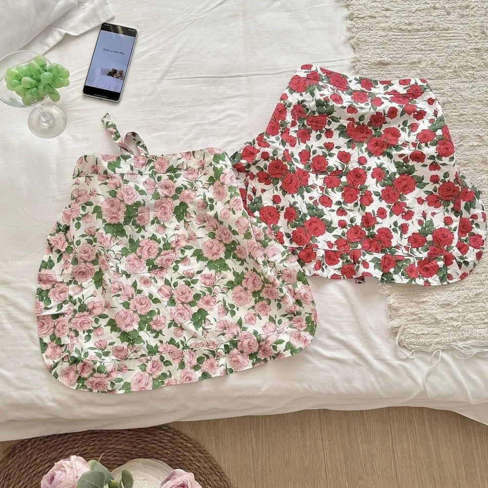 Durable Rose Flower Pattern Half Body Apron Anti Fouling with Pocket Work Apron Korean Style Cafe Apron For Waiter