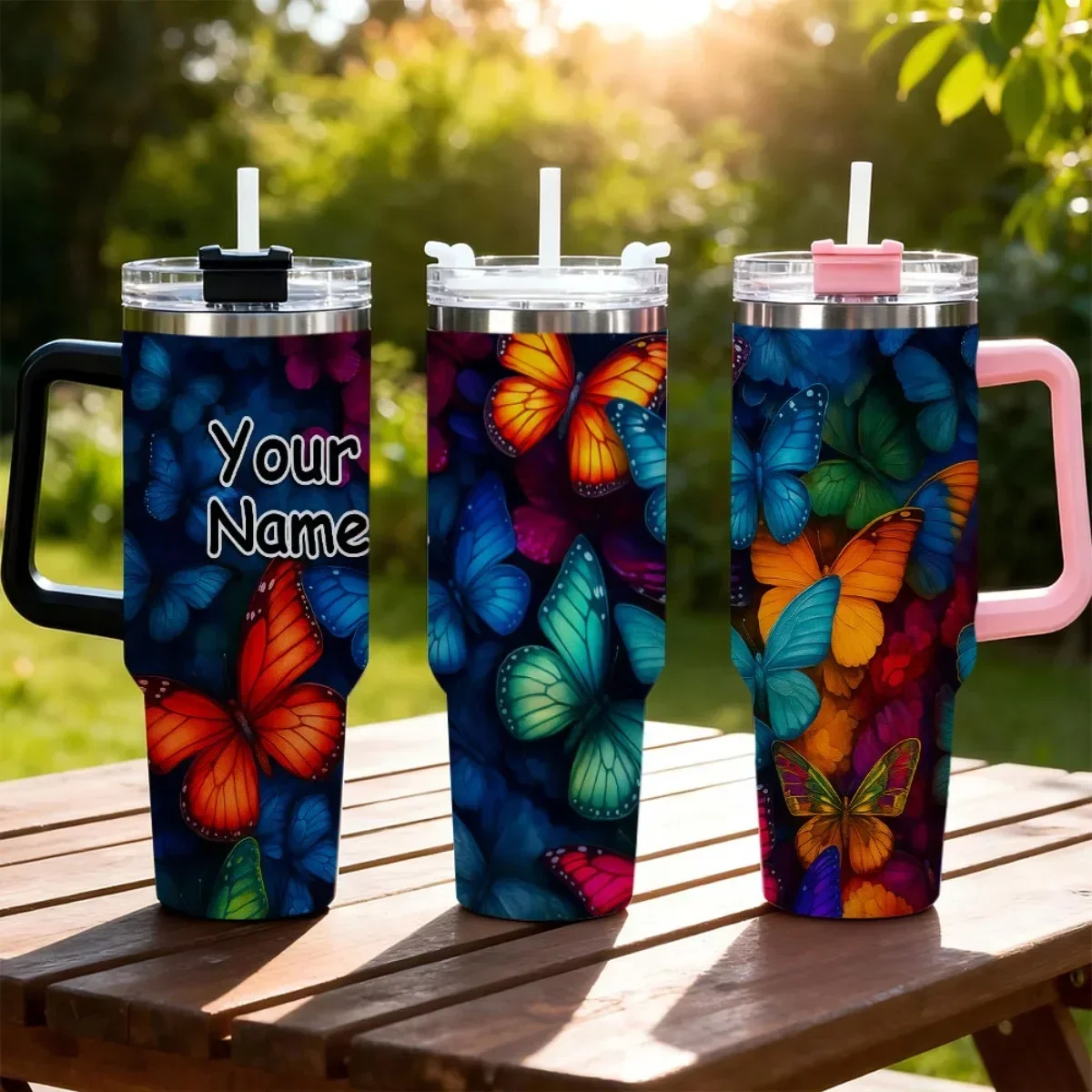 1pc Personalized Tumbler With Handle Lid Straw, Custom Name Colorful Butterfly Print Stainless Steel Insulated Travel Mug, **Only Black & White Handle Available, Pink Handle Not Included**, Reusable Hot Cold Beverage Cup For Car Office Women Gift