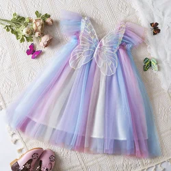 Baby Girls Gradient Rainbow Tulle Sling Dress Back 3D Butterfly Mesh Vestidos Children Wedding Birthday Party Princess Dresses