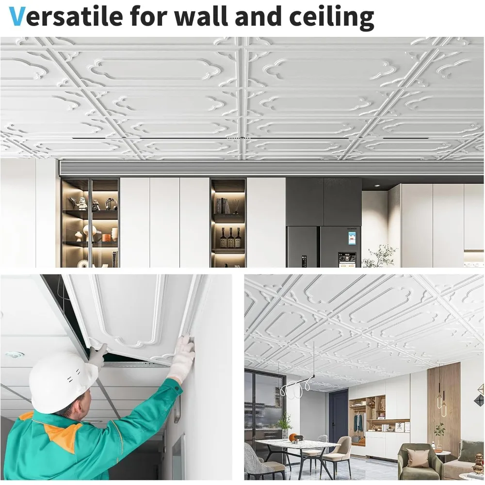 Paquet de 12 carreaux de plafond goutte 2x4 pieds, panneaux de revêtement de plafond décoratifs en PVC 24x48 pouces pour sous-sol salle de bains cuisine, couverture 96 pieds carrés