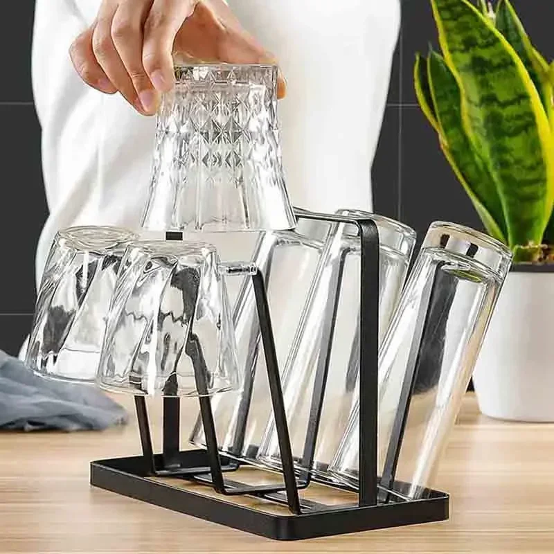 6 Hooks Water Cup Drain Rack Painted Stainless Steel Hanging Cup Drainer Practical Household Glass Cup Holder with Handle