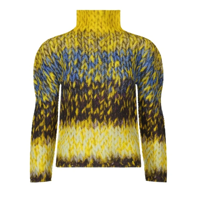 

Miyake Pleated T-shirt Female Long-sleeved Fall New Slim Top Bottoming Shirt Tight with Elastic High NeckT-shirt Woman Clothes