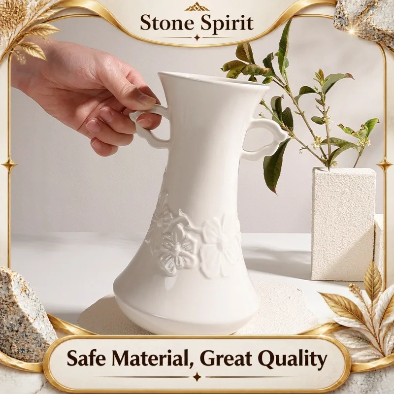 European Vintage Ceramic Vase, Embossed Floral Design for Home Office Decoration, Classical Flower Arrangement Centerpiece
