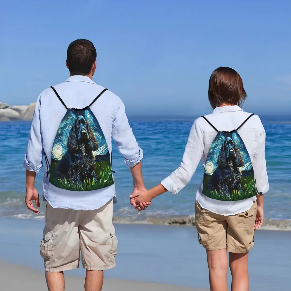 A Cocker Spaniel Puppy Starry Night Backpacks Portable Drawstring Bags Sports Bag Book Bags for Man Woman School