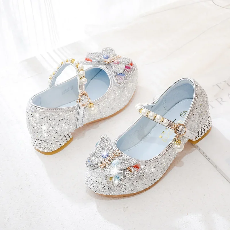 Scarpe da principessa per ragazze bambini Casual Glitter scarpe in pelle con tacco alto primavera autunno moda paillettes scarpe singole da sposa