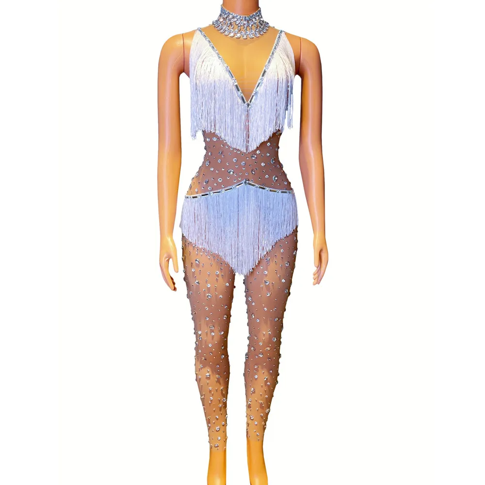 

Sexy Transparent V Neck Sleeveless Fringe Jumpsuit Nightclub Bar Party Crystal Tassel Leotard Stage Wear DJ Singer Dance Costume