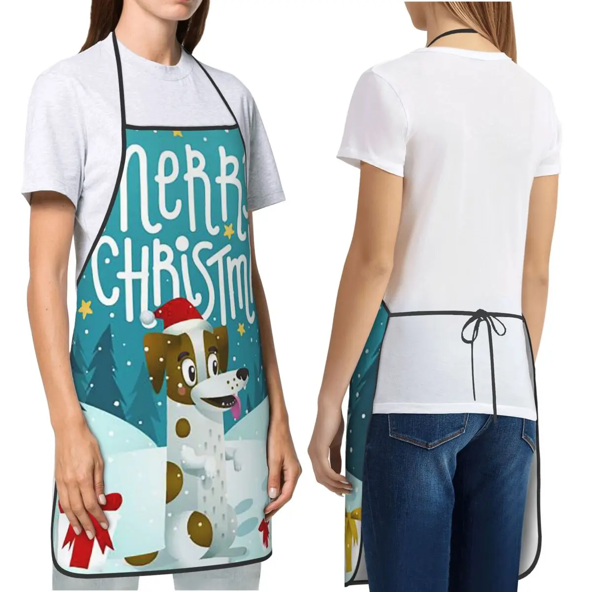 Merry Christmas Jack Russell Terrier Cartoon Dog Apron Chef Cooking Cuisine Tablier Bib Kitchen Cleaning Pinafore for Women Men