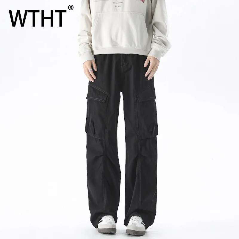 

WTHT Fashion Men's Solid Color Spliced Pockets Design Cargo Pants Vintage High-waisted Wide Leg Trousers Male 2025 Autumn 2A1814