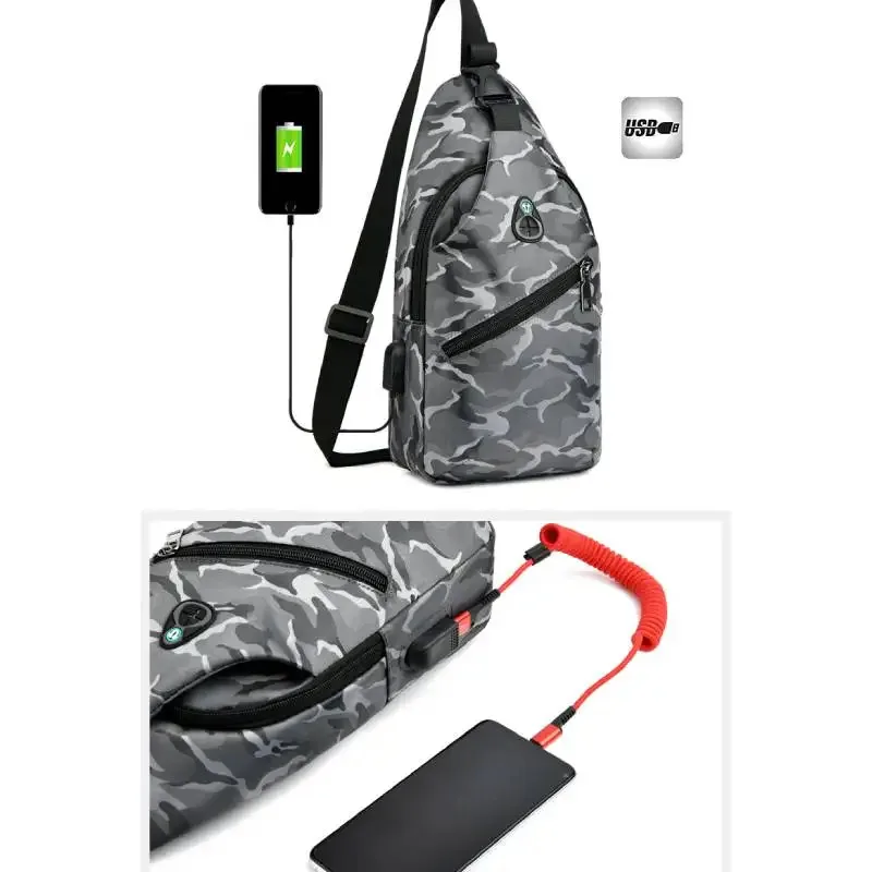 Men Waterproof Shoulder Crossbody Packs Fashion Lightweight Chest Bag with USB Power Charging Port and Headphone Jack