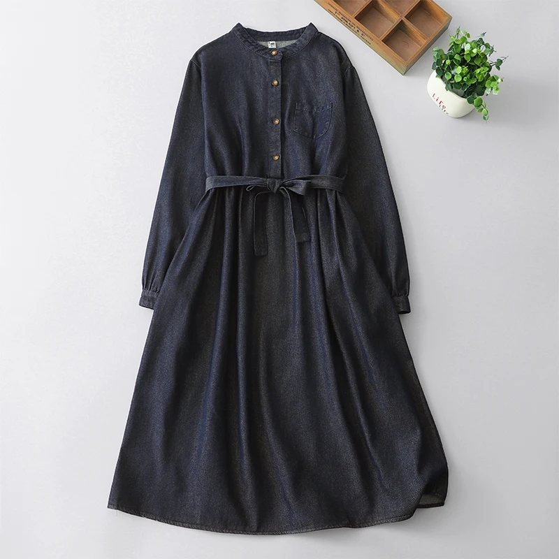 

Retro Long Sleeve Cotton Denim Dress Spring Autumn Loose Fit Slimming A-Line Skirt Women's Fashionable Casual Wear