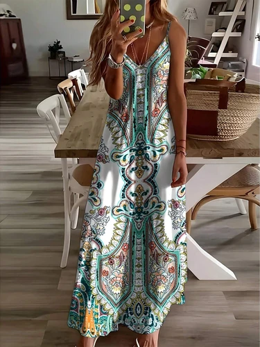 Imagen 2 del producto Vestido halter con estampado floral de verano para mujer, largo, tirantes ajustables, bolsillos laterales, elegante y elegante, adecuado para vacaciones en la playa