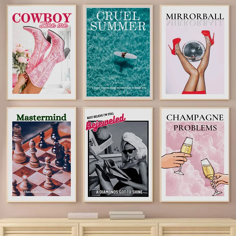 Vintage Music Poster Prints Pink High Heels Goblet Cowboy Wall Art Canvas Paintings Modern Bedroom Aesthetic Home Decor Pictures