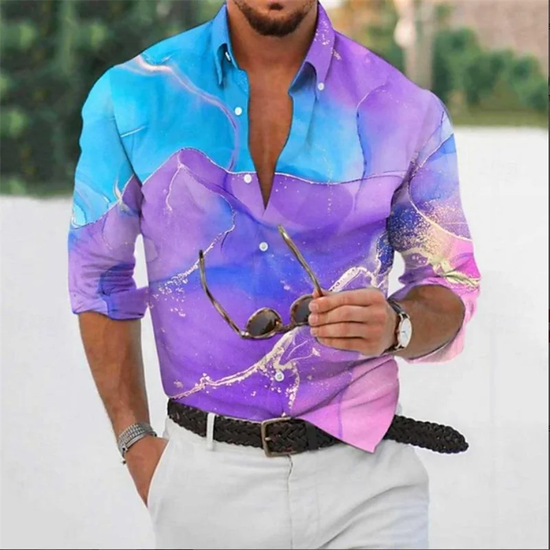 Vintage Hawaiian Men's Shirt Ethnic 3D Flower Print Long Sleeve Top Casual Fashion Loose Men's Suit