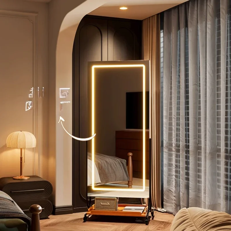 Movable full-body mirror, floor-to-ceiling mirror, household storage magazine rack.