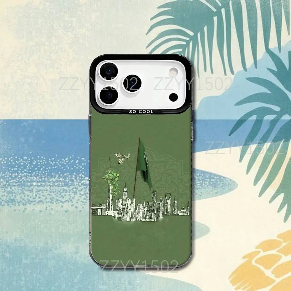 حافظة هاتف بعلم المملكة العربية السعودية لهاتف آيفون 17,16,15,14,13,12,X,8,Pro,Max,Plus,SE4,Air,Mini HD Black IMD Matte #4