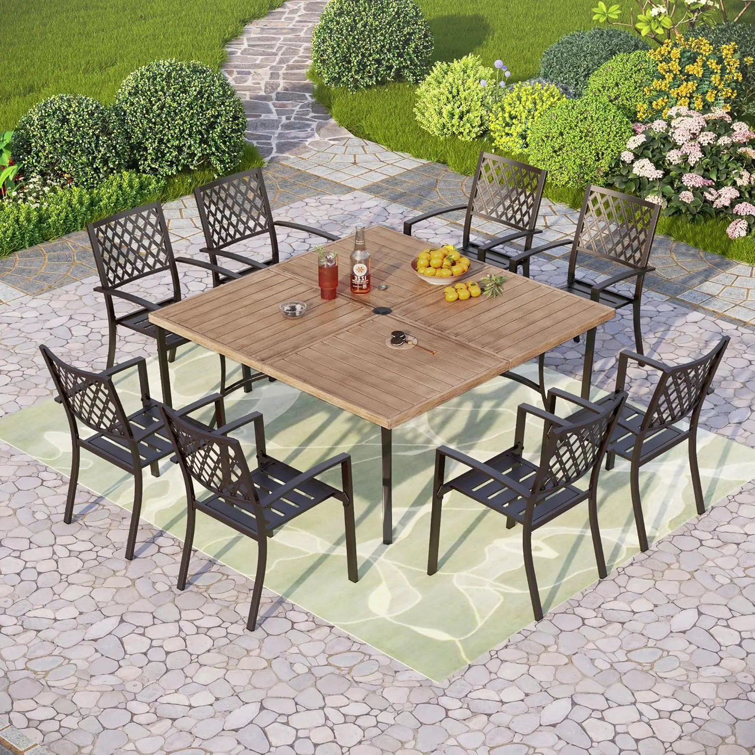 Phi Villa 9-Piece Outdoor Dining Set, Retangualr Metal Table (60