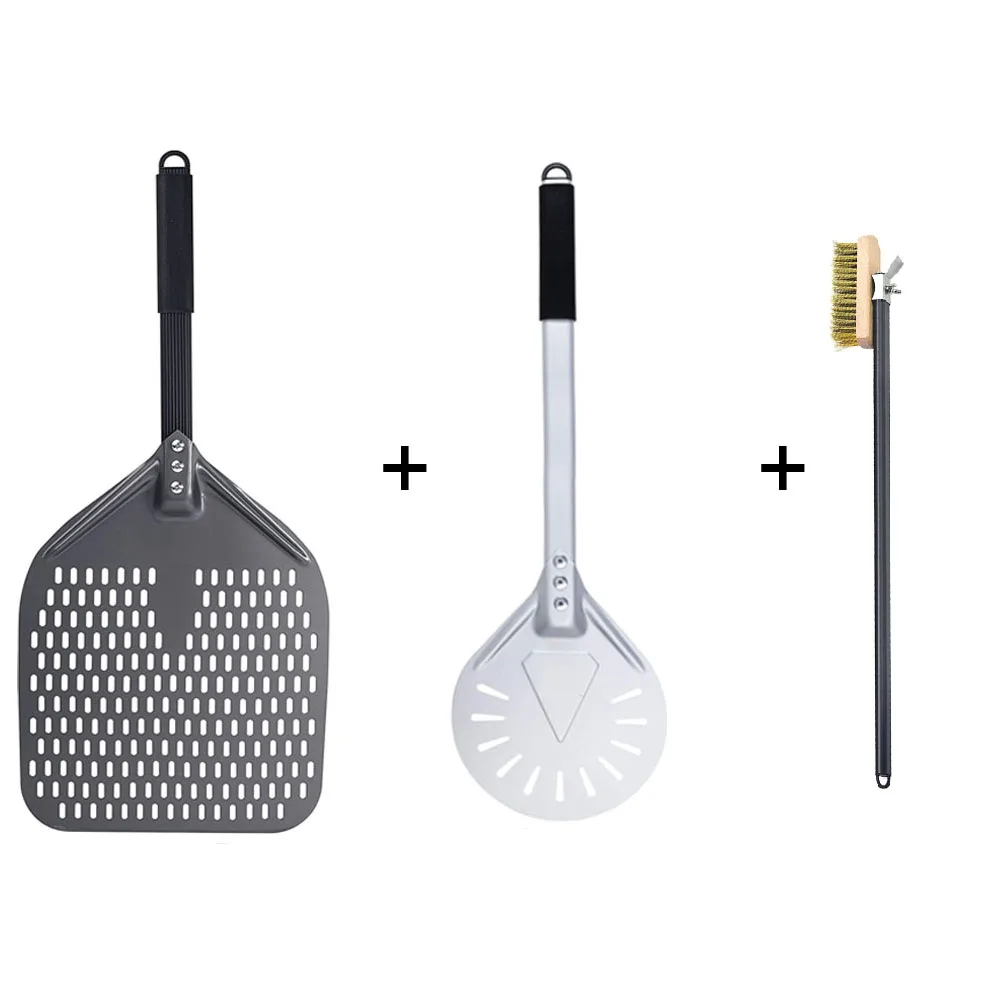 PizzAtHome 14/13/12 Inch Perforated Pizza Peel and Turning Pizza Shovel Aluminum Alloy and Oven Cleaning Brush Short Pizza Tool