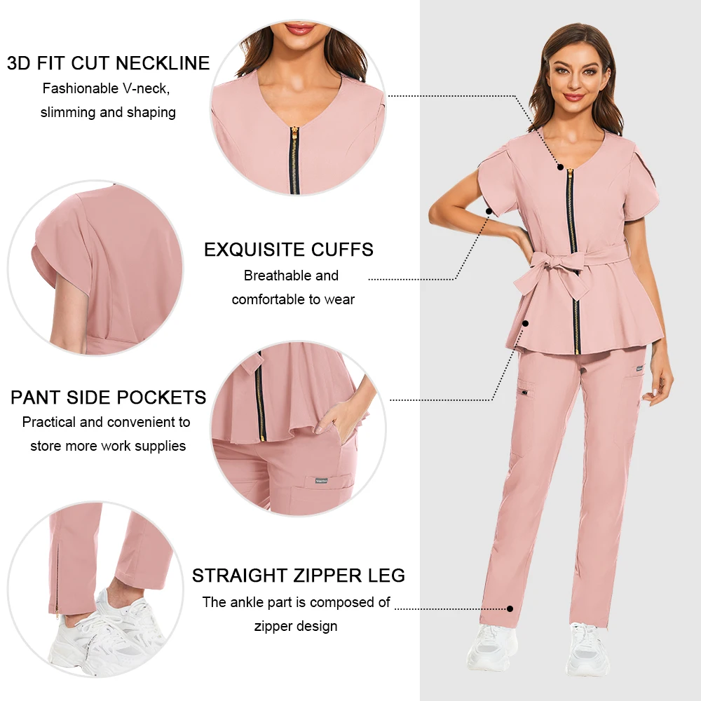 Hot Selling Medical Elastic Scrubs Fashion Doctor Nurse Work Clothes Women Beauty Salon Spa Uniform Pharmacy Healthcare Uniforms