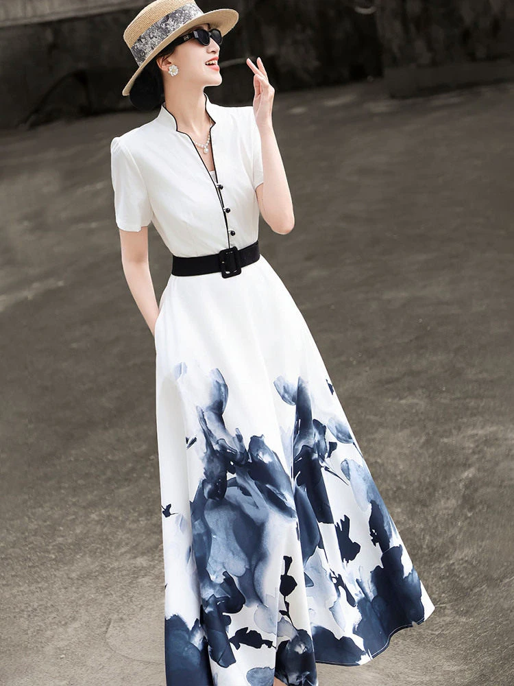 MEXCOCO 2026 Summer New Chinese Style Ink Painting Print Waist Cinched Swing Dress