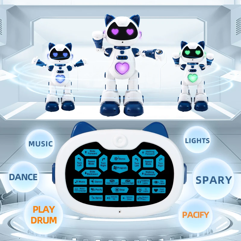 Rc Intelligent Robot Cat Toy Gesture Sensor Programmable Robot Spray Smoke Led Light Sing Dance Play Piano Sliding Walking Robot
