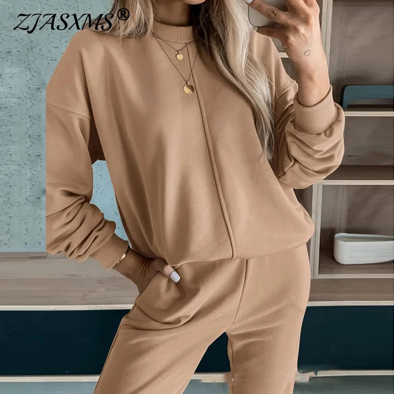 Casual Solid Loose Women Tracksuit 2 Pieces Round Neck Sweatshirt Pullover Sweatpants Outfits Winter Long Sleeve Sportswear Suit