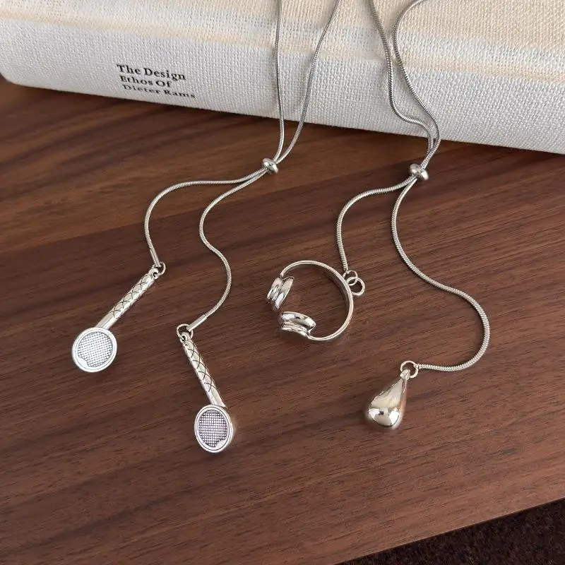 Fashion Silver Earphones Water Droplet Pendant Necklace INS Style Minimalist Long Pull-out Sweater Chain Jewelry Accessories