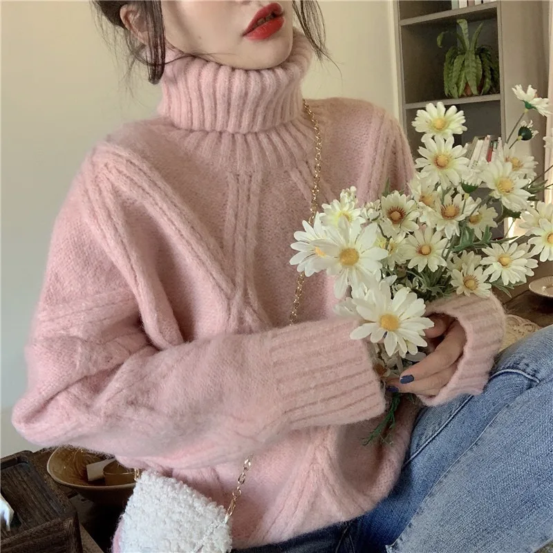 Korean Turtleneck Knitted Sweater Women 2024 Autumn Pink Beige Purple Long Sleeve Casual Loose Jumpers Ladies Pullover Knitwear