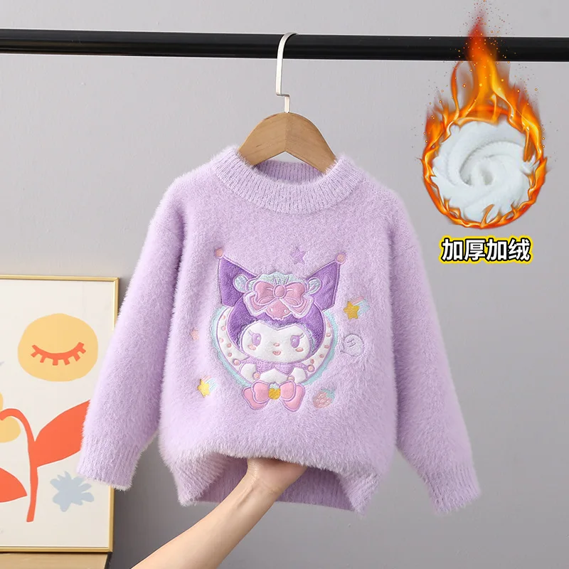 

Cute Kuromi Mink Cashmere Sweater for Kids Autumn Winter Crew Neck Knit Pullover Girl Plush Warm Thicke Knitwear Fashion Sweater