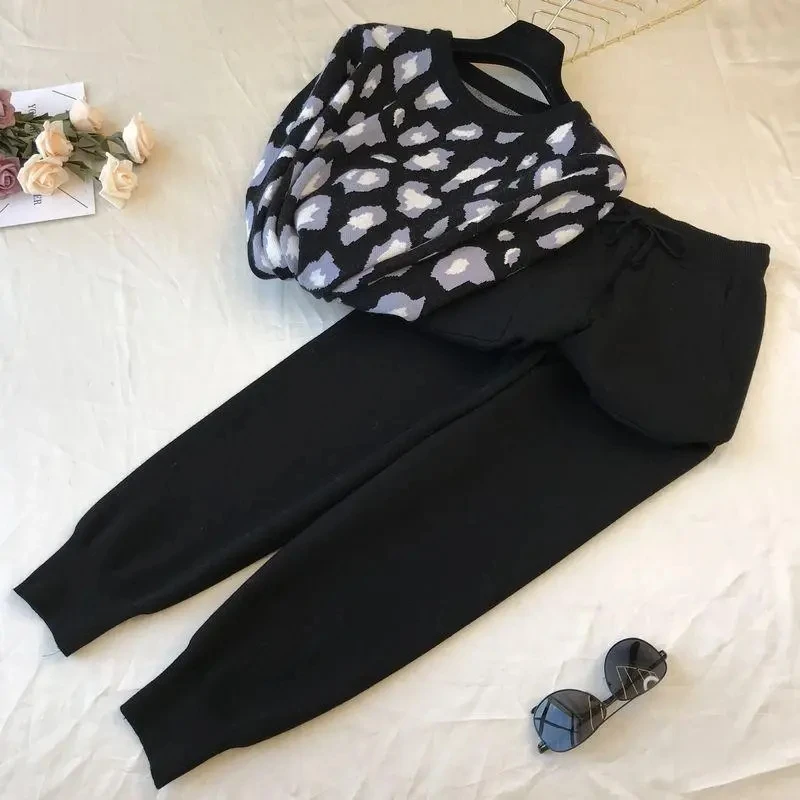 Leopard Knitted Pants 2 Piece Set Women Korean Fashion O-neck Pullover Conjunto Casual Spring Fall Jogger Pantalones Outfits