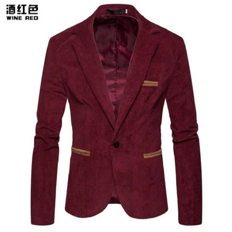 Men's corduroy casual suit jacket trendy men fashion slim 1 grain buckle blazer