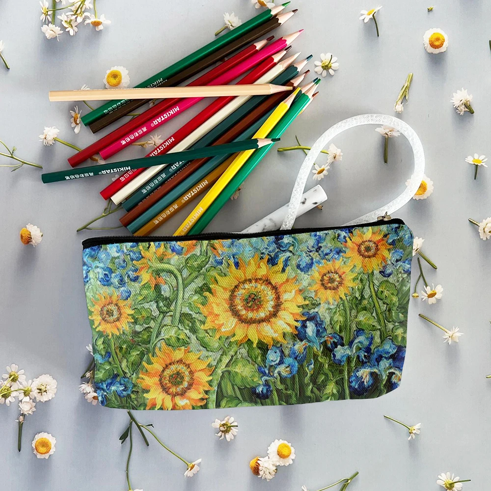 Van Gogh Oil Painting Cosmetic Bag Starry Night Sunflower Print Fashion Lipstick Storage Bag Ladies Portable Cosmetic Bag