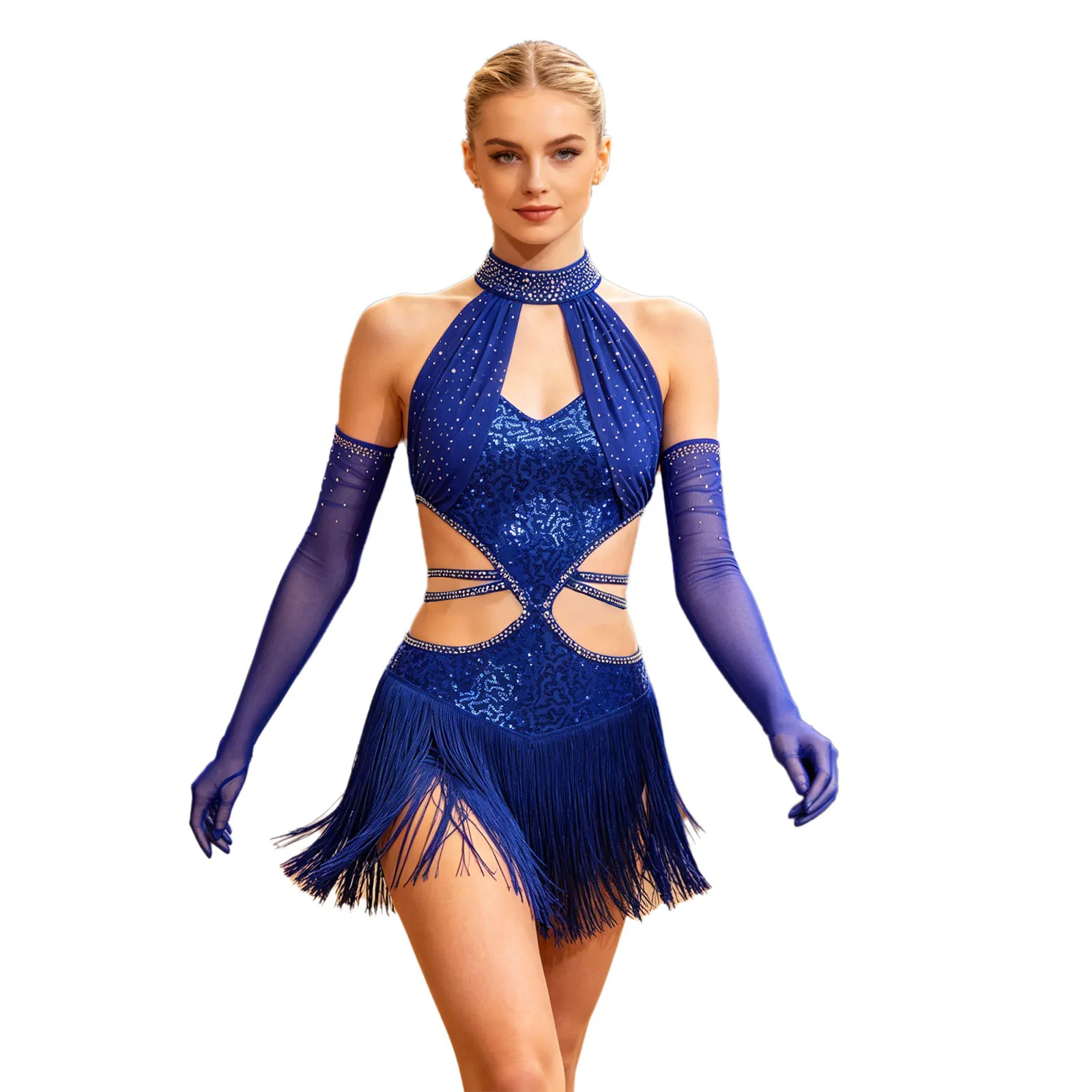 Women's Tassels Latin Tango Samba Salsa Dance Dress Cutout Sleeveless Strappy Waist Shiny Sequins Fringed Leotard with Gloves