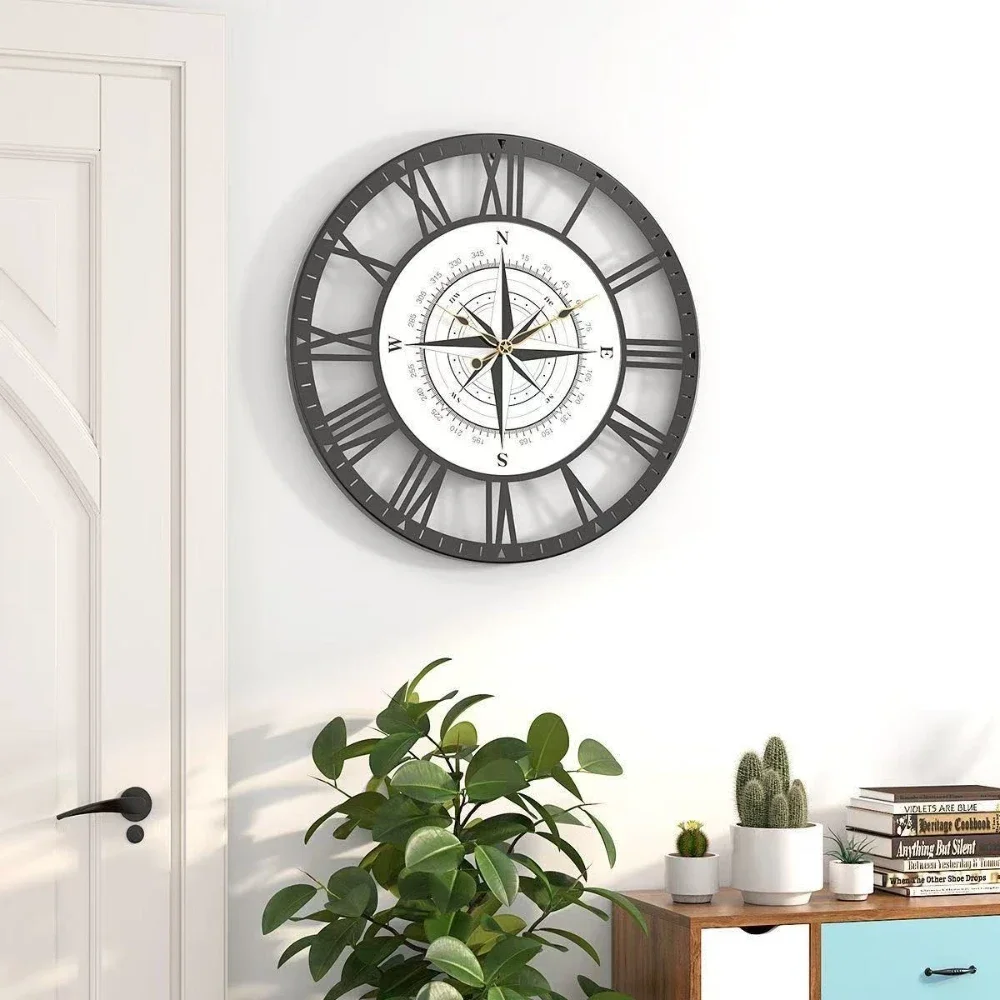 40cm Light Luxury Creative Compass Roman Metal Wall Clock Modern Home Decoration Design 16 Inch Compass Retro Iron Wall Watch