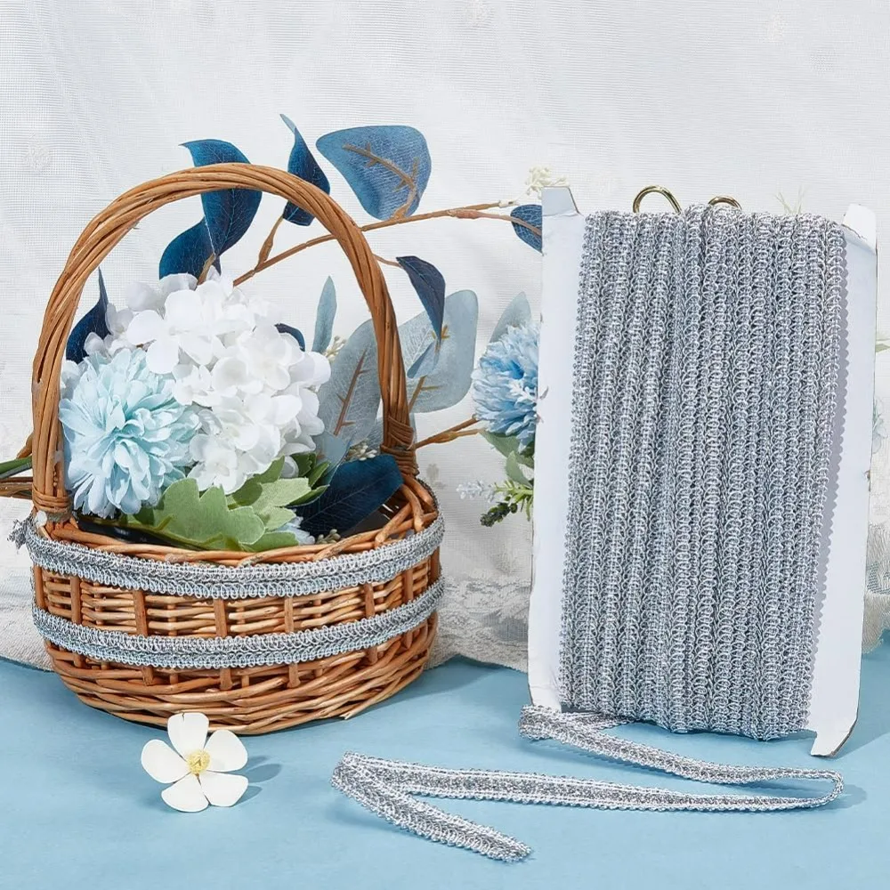 14.2Yds شريط معدني فضي جديلة حواف الأعرجاب 1/2 بوصة متموجة مزخرفة من البوليستر المسطح شريط جاكار منحنى حافة البندقية