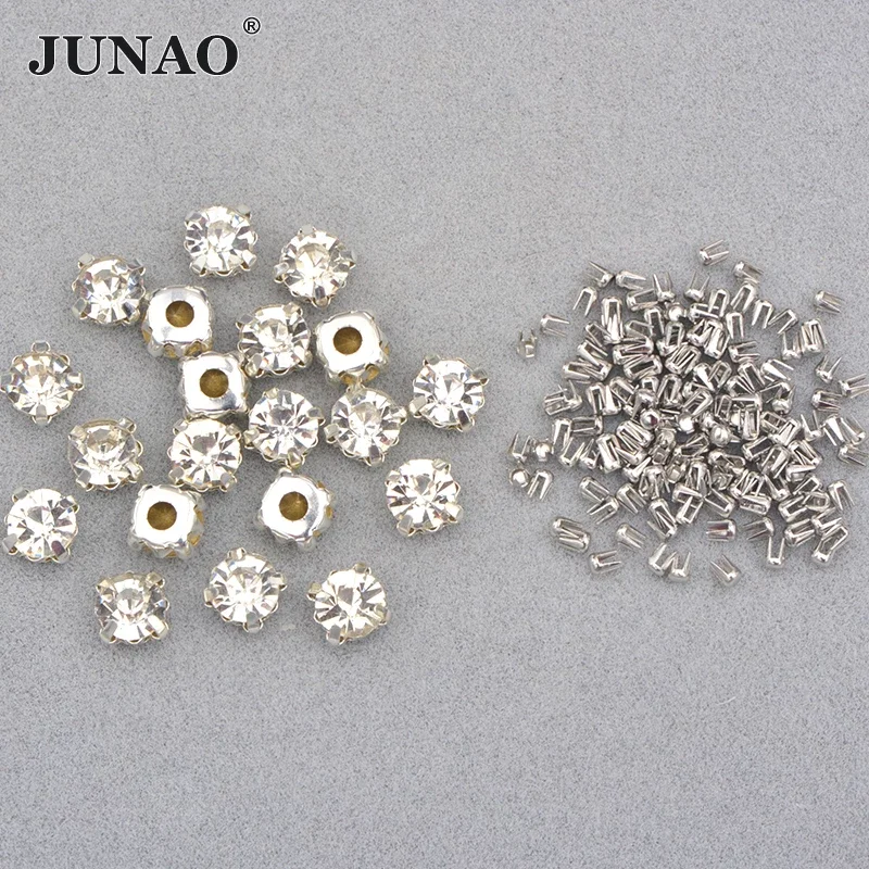 JUNAO 8mm Clear Glass Claw Rhinestone With Nail Silver Gold Strass Applique Flatback Crystal Stone For Hand Press Machine Tools