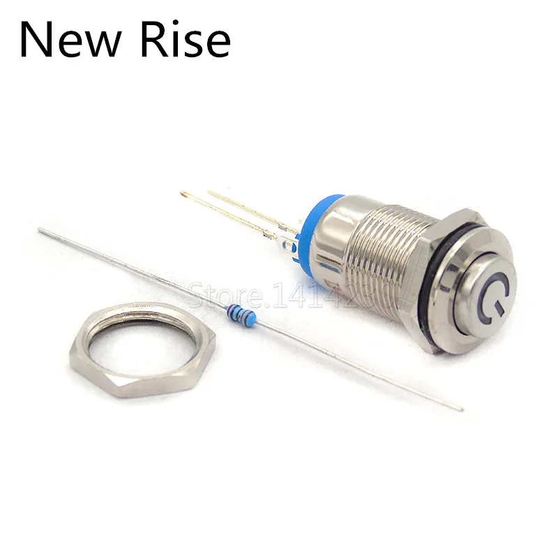 10Pcs 12mm 2Pin Metal Self-Locking Button Switch Blue LED Waterproof Small Switch With Resistor 220V