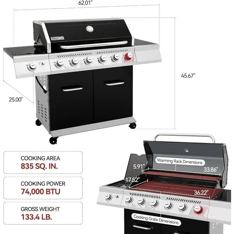 Royal Gourmet GA6402H 6-palnikowa propanowa grillowa z palnikiem Sear i bocznym palnikiem, 74000 BTU, grill zewnętrzny w stylu szafki