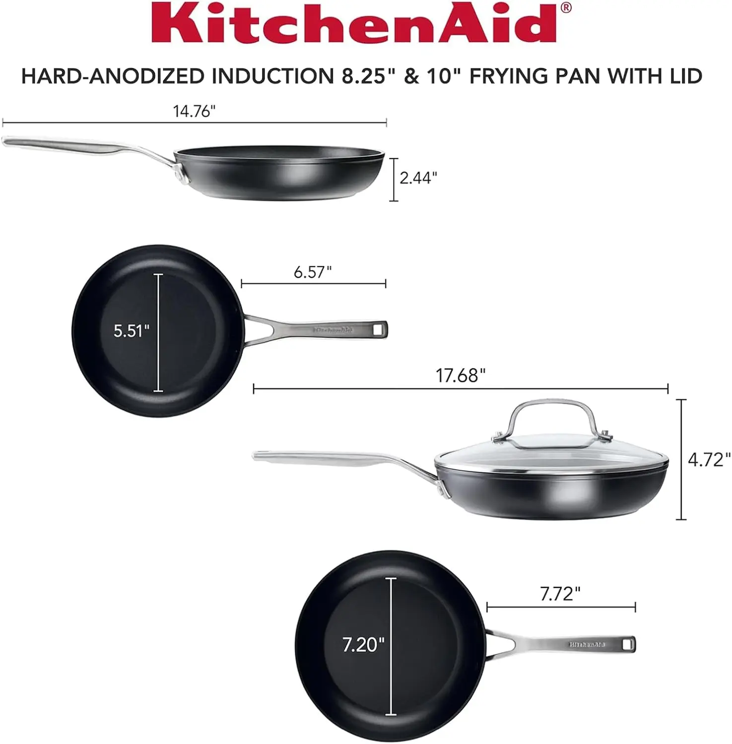 Hard Anodized Induction Nonstick Frying Pan Set With Lid, 3-Piece - 8 & 10 Inch Skillets, Durable, Even Heating, Dishwasher & Ov