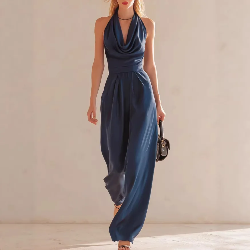 

2026 Summer Elegant Commuting Women's Jumpsuit Fashionable Solid Color Hanging Neck Strap Open Back Slim Fit Wide Leg Jumpsuit
