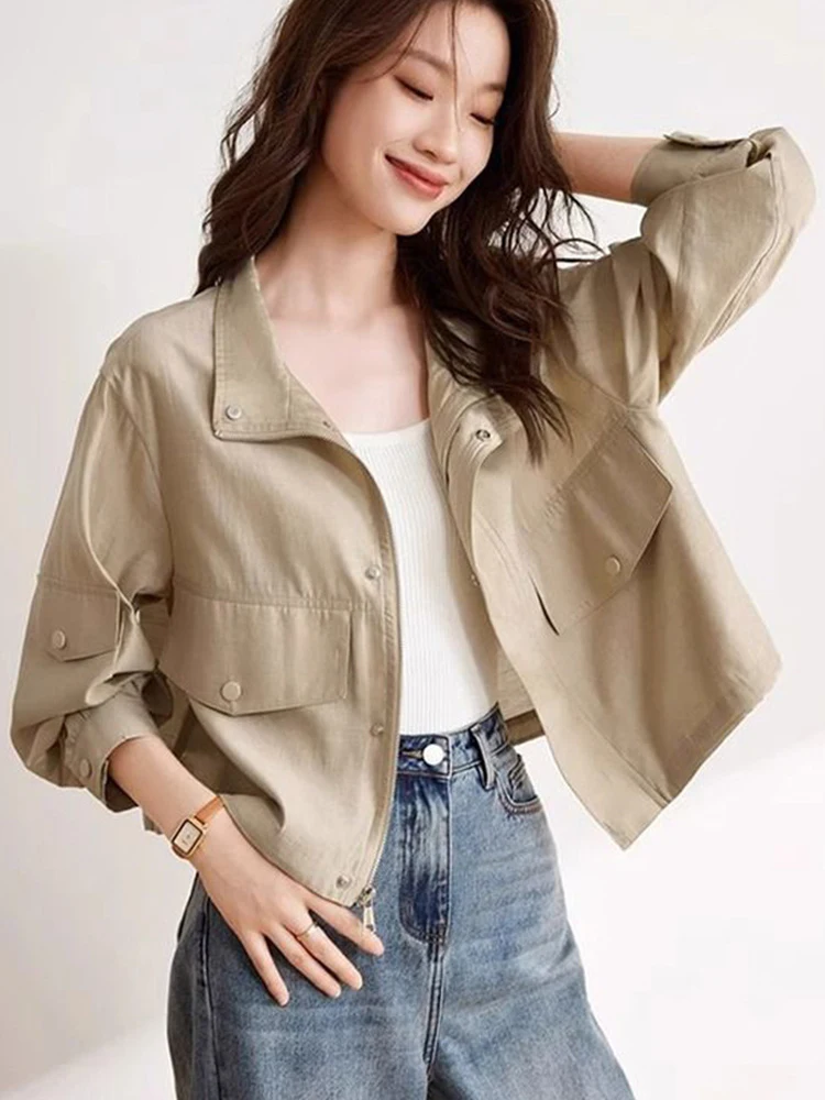 

FSMG Повседневная тонкая короткая куртка-карго цвета хаки, простота, свободный крой, с лацканами и длинными рукавами, солнцезащитные топы, осенняя уличная ветровка