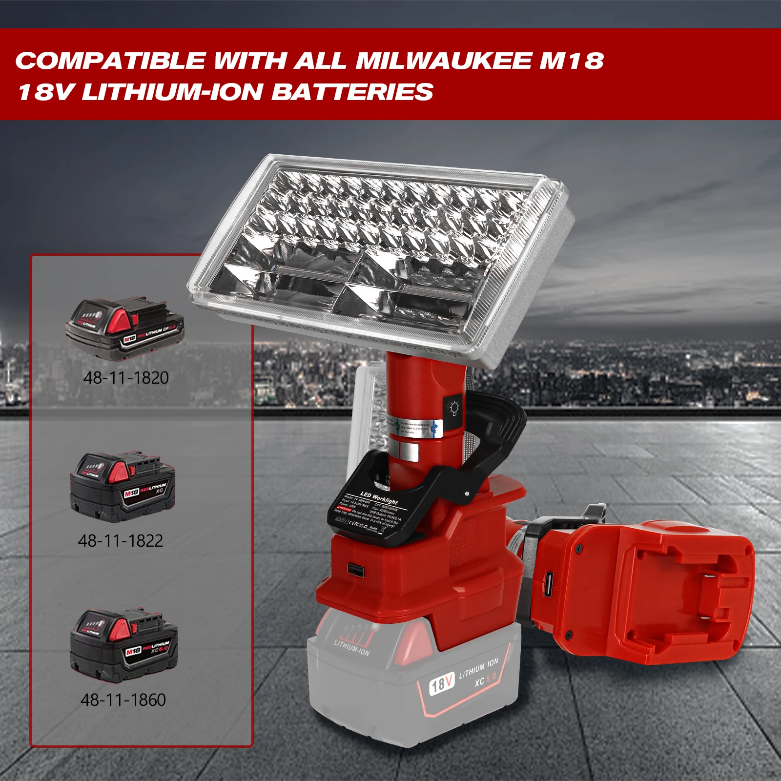 مصباح عمل LED قابل لإعادة الشحن مع مشبك ، مصباح يدوي في الهواء الطلق ، مصباح عمودي ، ميلووكي 18 فولت بطارية ليثيوم أيون ، 40 واط