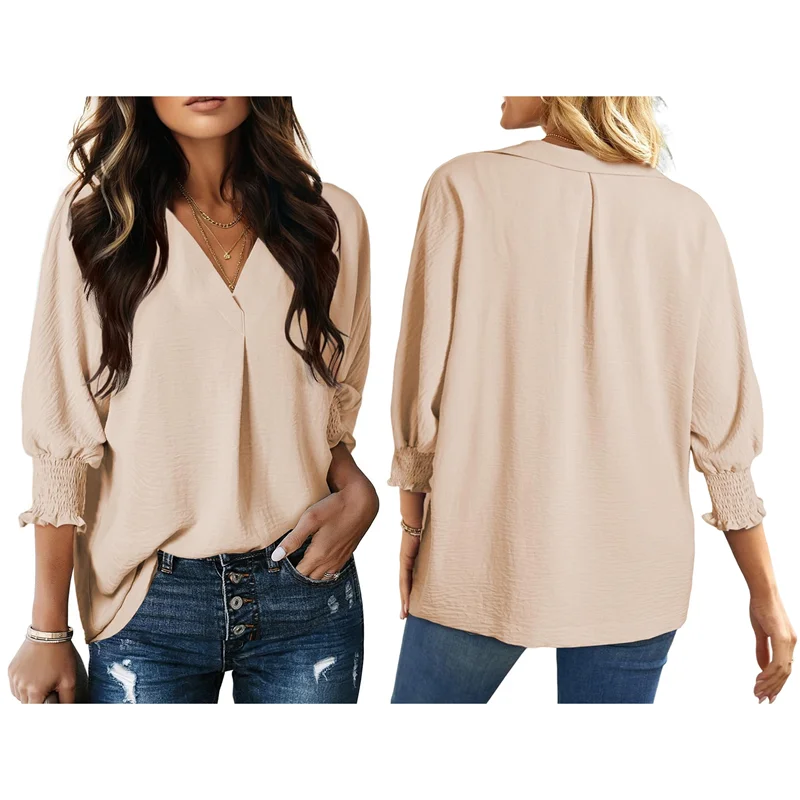 

CGS-Women Blouses Dressy Casual V Neck 3/4 Length Sleeve Womens Tops With Smocked Cuffs