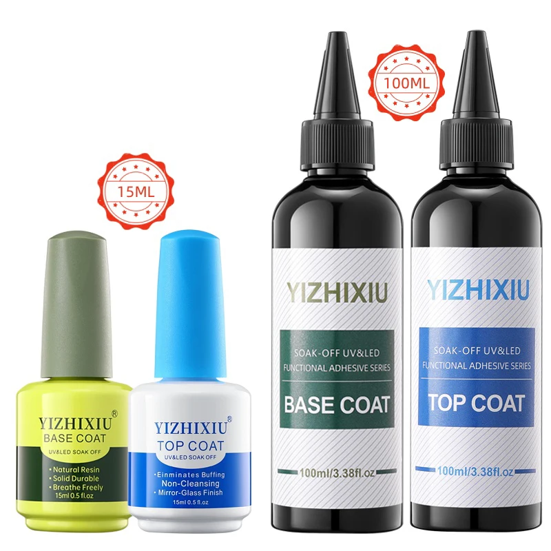 YiZhiXiu 4pcs/SetLarge capacity 100ml&15ML Base Gel Super Top Coat Gel Polish Soak Off UV LED Gel Varnish Functional Gel Nail